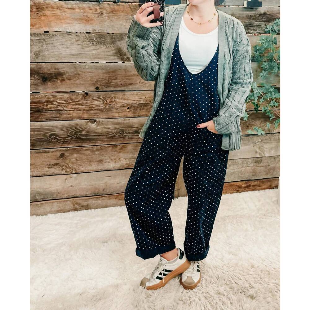 NEW DAVI & DANI polka dot print overall jumpsuit in navy and white